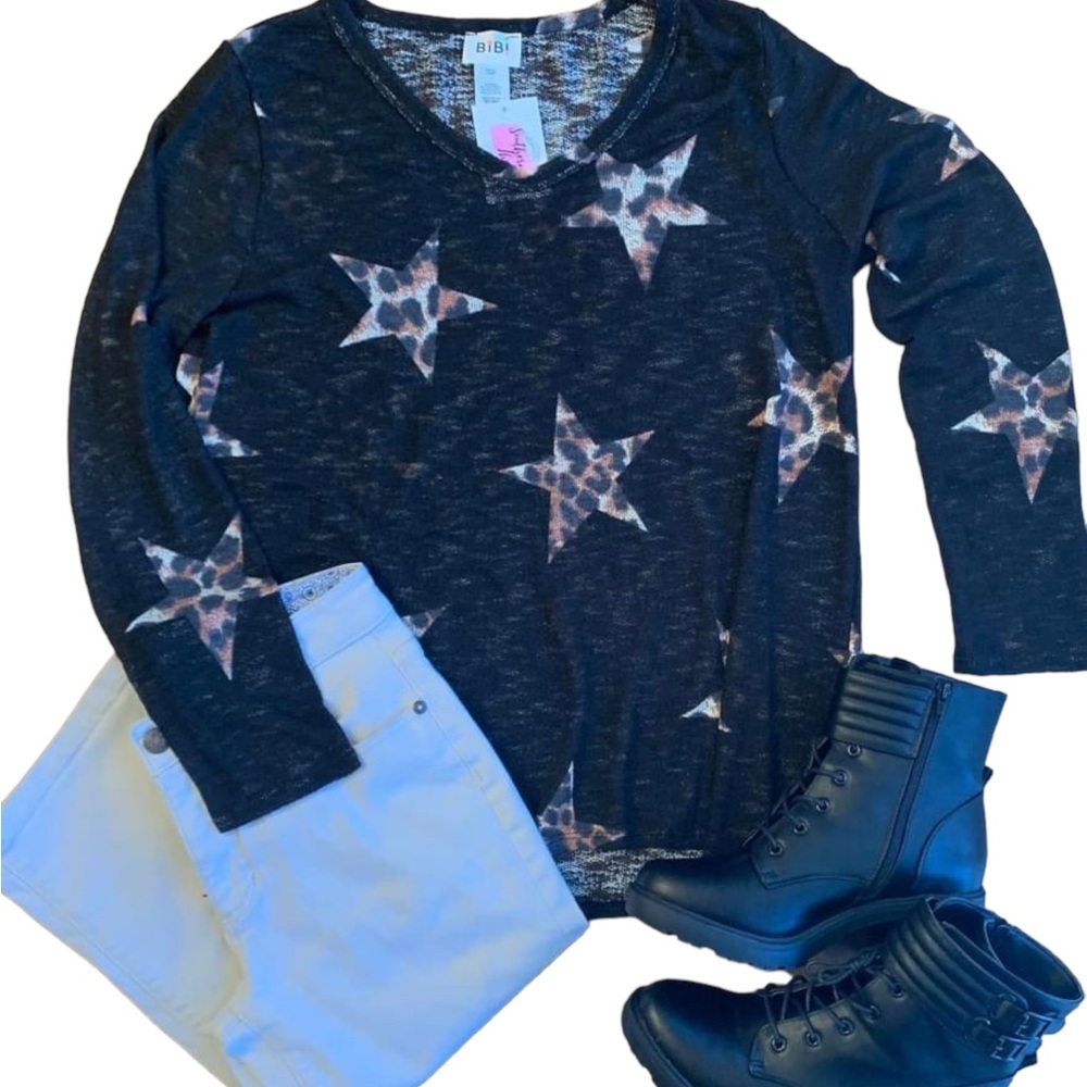 Bibi light weight black sweeter w/ leopard stars. NWT & TTS size L - Picture 1 of 3